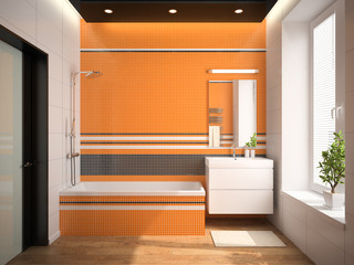 Wall Mural - Interior of the bathroom with orange wall 3D rendering 2