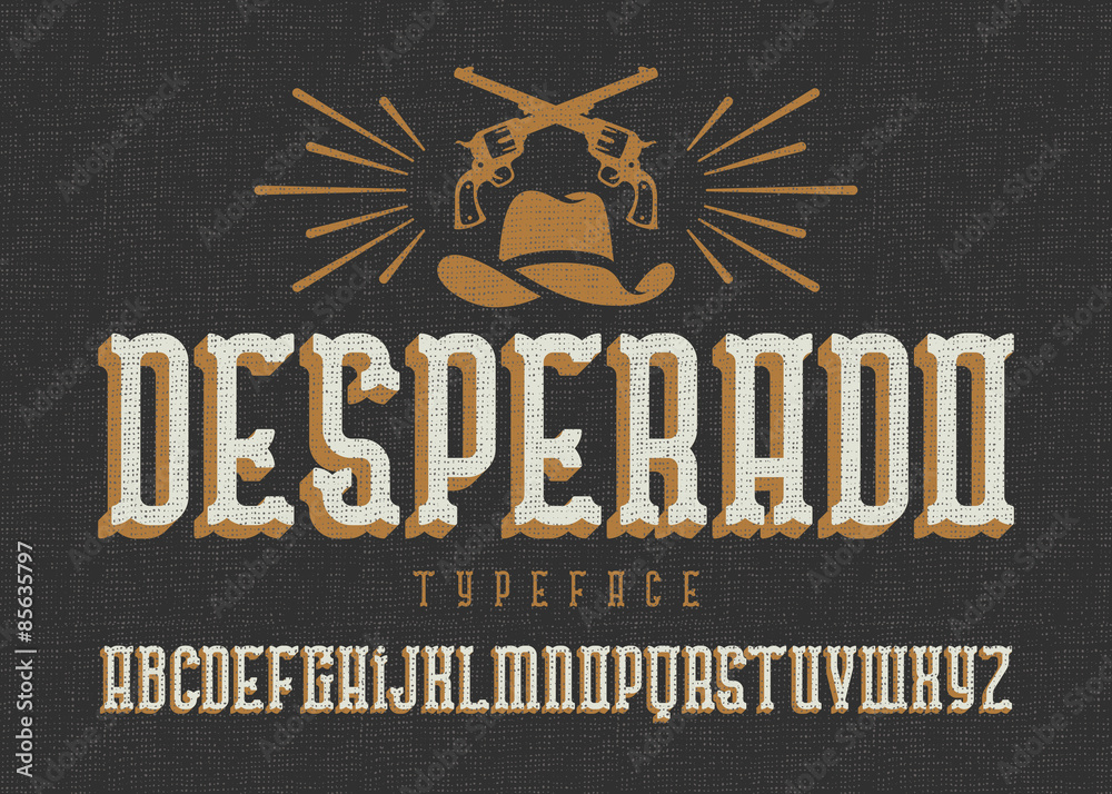 "Desperado" typeface. Wild west style font with cowboy hat and two guns. - obrazy, fototapety, plakaty 