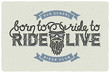 © gleb_guralnyk - Biker club badge emblem with beard biker and slogan 'Born to ride, ride to live'. Light Background.