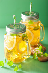 Canvas Print - ice tea with lemon and melissa in mason jars