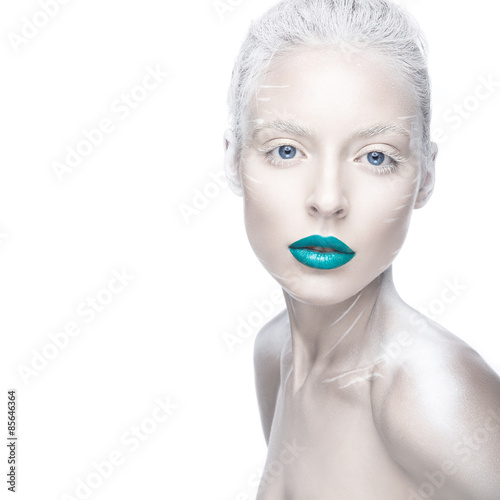 Fotografie, Obraz Beautiful girl in the image of albino with blue lips and white eyes