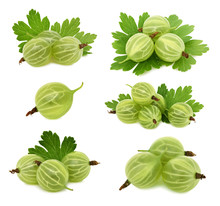 Set Ripe Green Gooseberries With Leaves (isolated)