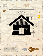 Wall Mural - House symbol as technical blueprint drawing on crumpled paper