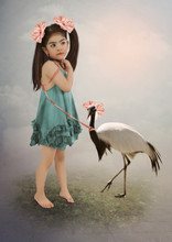 The Little Girl With Long Hair And Pink Bows On A Leash Keeps The Bird,Demoiselle Crane