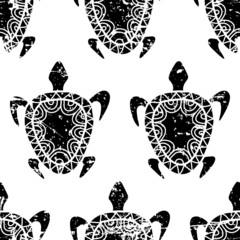 Wall Mural - Vector seamless summer grunge pattern. Hand drawn black turtle i