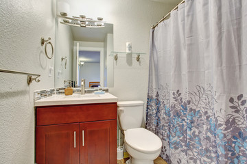 Wall Mural - Small bathroom with full bath shower.