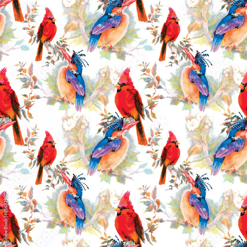 watercolor-hand-drawn-seamless-pattern-with-tropical-summer-flowers-and-birds