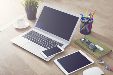 Wall Mural - laptop, smartphone, tablet office mockup