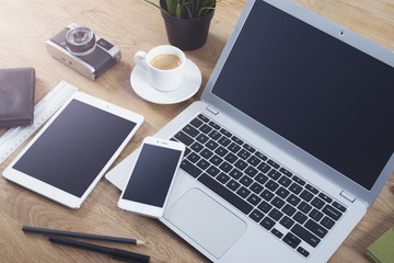 Wall Mural - laptop, smartphone, tablet office mockup
