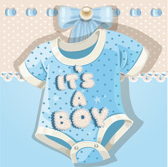 Wall Mural - Baby shower blue card with baby shoes