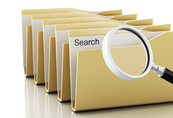 Poster - 3d Magnifying glass examines yellow folders