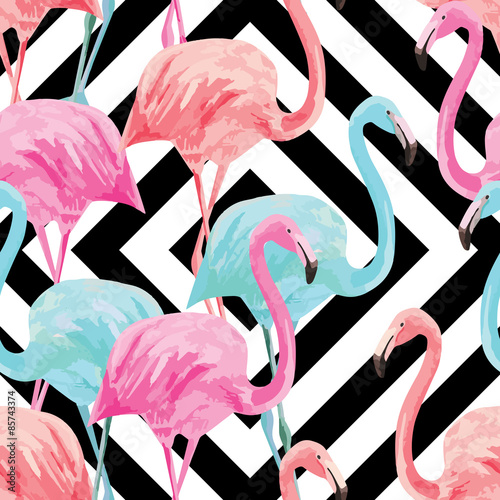 kolorowe-flamingi-na-geometrycznym-czarno-bialym-tle-akwarela