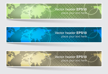 Fototapete - Set of vector header or banner, world map background