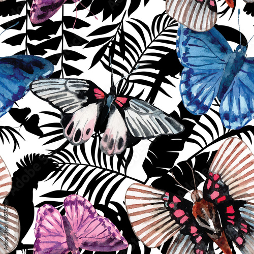 Foto-Gardine - watercolor butterflies pattern, tropical silhouette background (von berry2046)