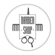 Logo for barbershop. In it hairdressing scissors and comb wrapped in a ribbon.