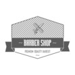 Barber Shop emblem or label depicting a comb and scissors with text, one in a shield and ribbon banner and wreath, vector illustration on white