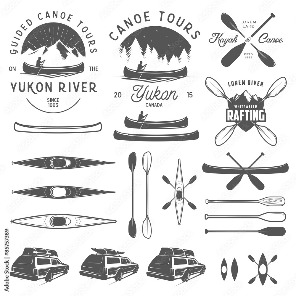 Set of kayak and canoe emblems, badges and design elements - obrazy, fototapety, plakaty 
