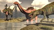 Allosaurus hunting big brontosaurus dinosaur - 3D render