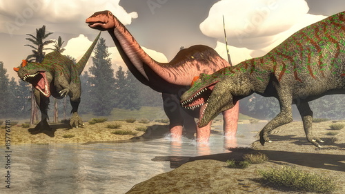 Naklejka dekoracyjna Allosaurus hunting big brontosaurus dinosaur - 3D render