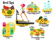 Diet Tips - Illustrated diet tips, recommending cardio workouts, fresh fruit and veggies, regular meals, healthy protein and fats, lots of water and replacing sugar. Hand drawn, cartoon style vector