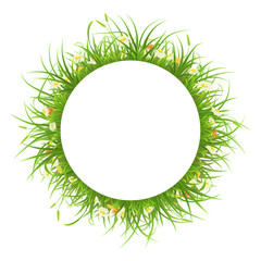 Wall Mural - Round frame with green grass and flowers on white background