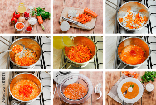 Fotografie, Obraz step by step recipe for cooking soup mashed orange lentils