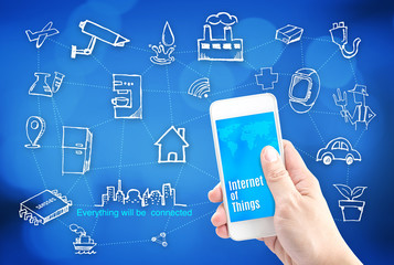 Poster - Hand holding smart phone with Internet of things (IoT) word and