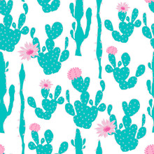 Seamless Cute Cactus Flower Vector Pattern
