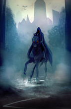 Black Fantasy Horseman With Hood Riding In Dark Forest Road Illustration.