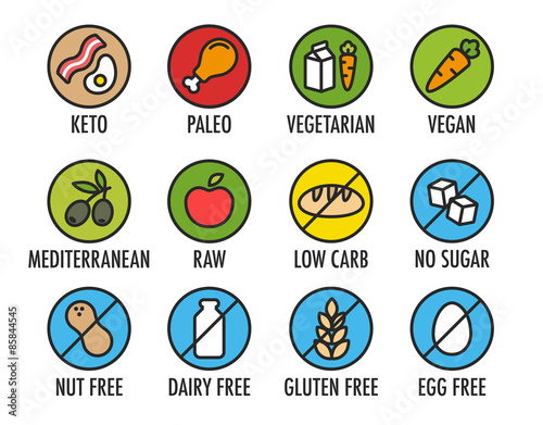 Fotografie, Obraz Set of colorful round icons of various diets and ingredient labels