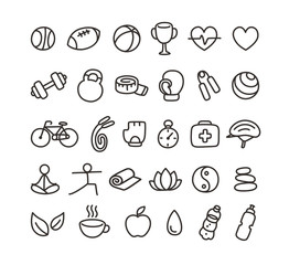 Set of hand drawn doodle style health and fitness icons.