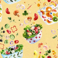  Seamless pattern with salad. Watercolor illustration
