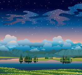 Wall Mural - Summer hight landscape with lake, forest and mountains.