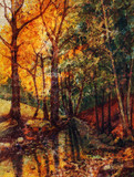 Fototapeta Morze - landscape oil painting with river in autumn forest. Vintage 