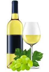 Wall Mural - White wine bottle with a glass and grapes. EPS10 photo-realistic vector illustration.