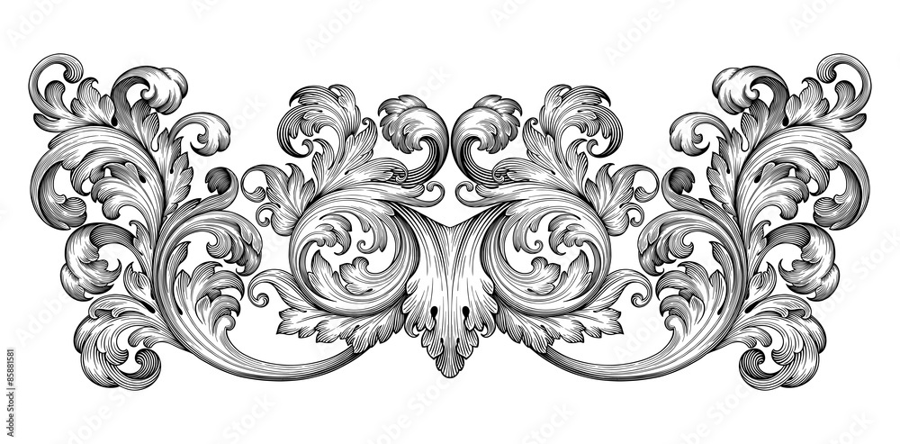 Vintage baroque frame leaf scroll floral ornament engraving border retro pattern antique style swirl decorative design element black and white filigree vector - obrazy, fototapety, plakaty 