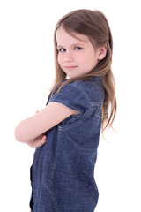 Sticker - funny cute little girl in denim dress isolated on white