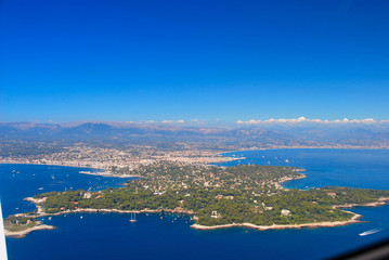 view of the french riviera, Cap Antibes, cote D'azure coast line from the sky