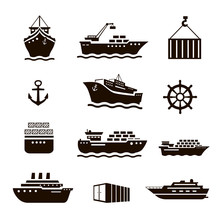 Set Of Transportation And Shipping Icons. Container, Tanker