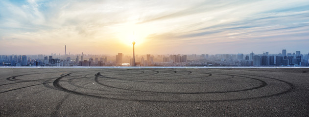 Wall Mural - Panoramic skyline and buildings with empty concrete square floor