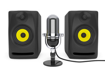 Leinwandbilder - Vintage silver microphone and Audio Speakers. 3d rendering