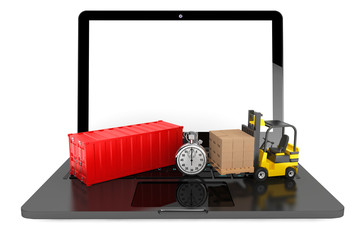 Aufkleber - Forklift with Cardboard Boxes and Stopwatch over Laptop