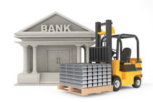 Forklift Truck With Stacked Silver Bars Near Bank Building