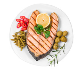 Canvas Print - Fried salmon fillet on plate. 