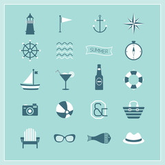 Blue Summer, Naval, and beach icons set