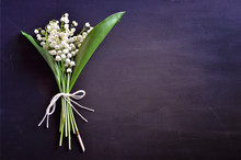 Bouquet Of Lily Of The Valley Flowers On Dark Background, Copy Space