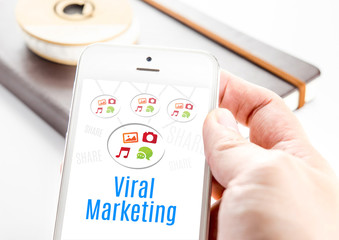 Poster - Close up hand holding smart phone with Viral marketing word and