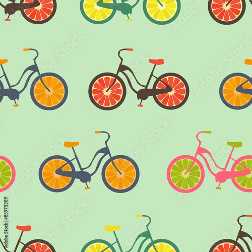 Cotton fabric Seamless colorful background made of bikes with fruit wheels