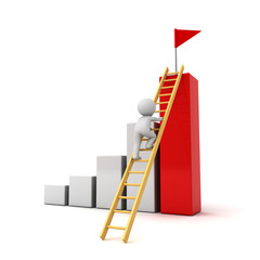 Poster - 3d man climbing ladder to the red flag on top of successful graph , Business goal concept isolated over white background