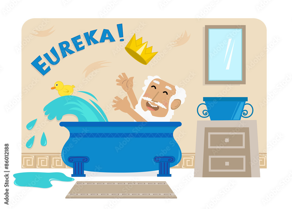 Archimedes In Bathtub - Cartoon illustration of Archimedes in his bathtub with the golden crown and the word Eureka at the top. Eps10 - obrazy, fototapety, plakaty 